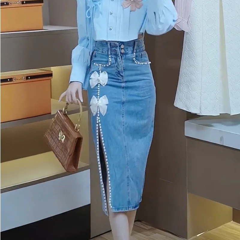 Женская Джинсовая Юбка-миди с разрезом трапециевидная юбка из денима в винтажном