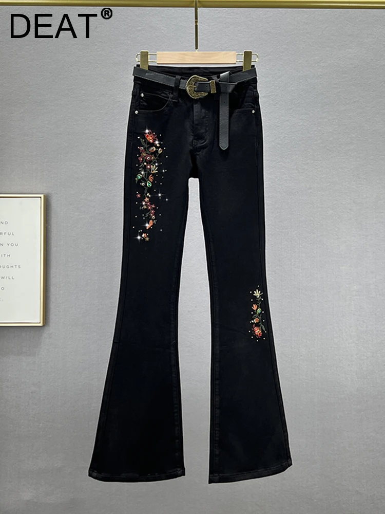 

Женские джинсы с цветочной вышивкой DEAT, черные облегающие брюки-клеш из денима с высокой талией, со стразами, 29L3581, осень 2023