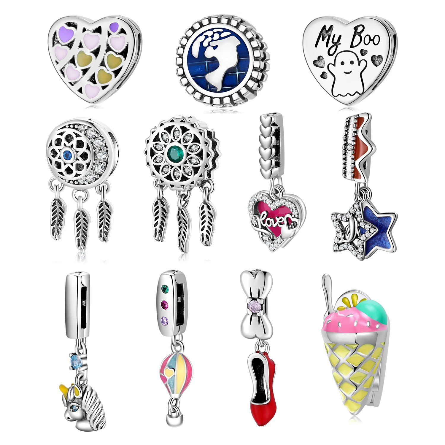 

MIKIWUU 925 Sterling Silver Clips Beads My Boo Ghost Ice Cream Heart Shape Fit Original Reflexions Bracelet Charms Original