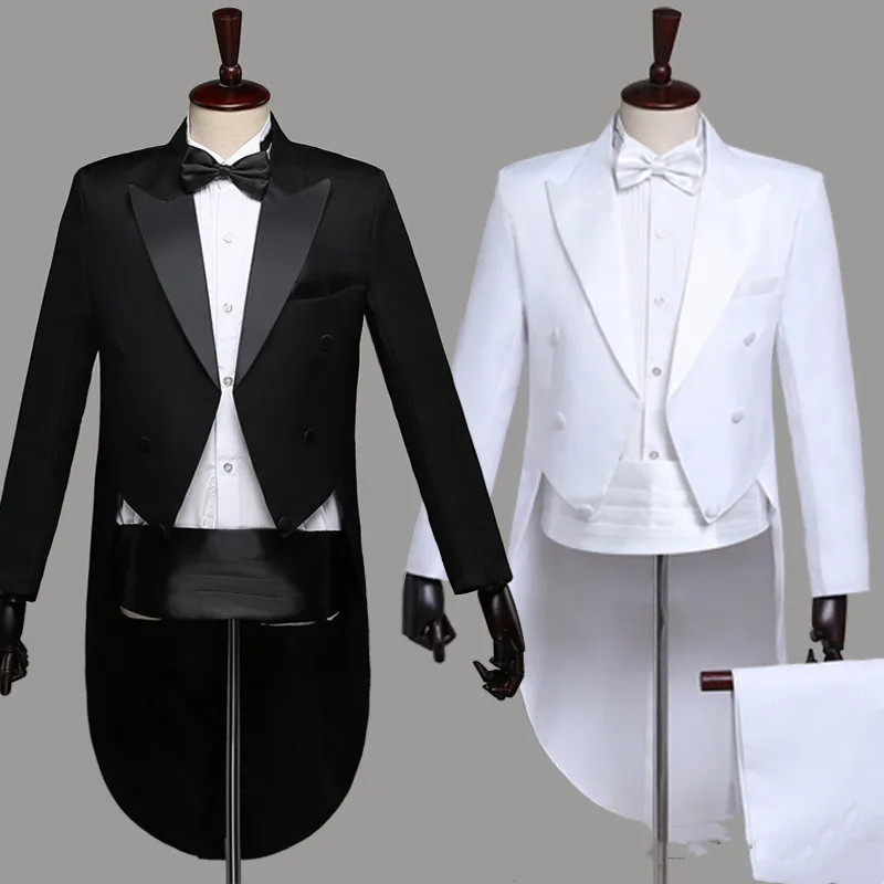 Round Yuan Teen Boy Tuxedo Suits Magic Jazz Dance Shows Stage Costume Men Wedding Party Host Formal Suits Black White Size XS-XL