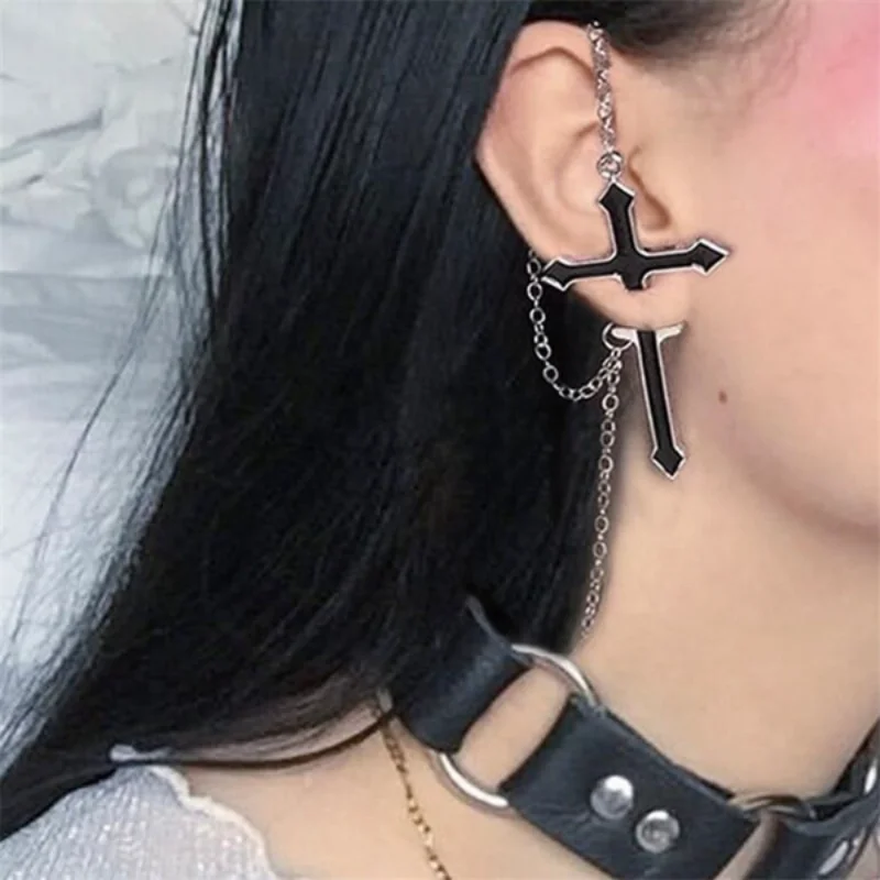 

Punk Rock Style Black Cross Shape Pierced Earrings for Women Silver Color Chain Personalized Party Vacation Jewelry Gift