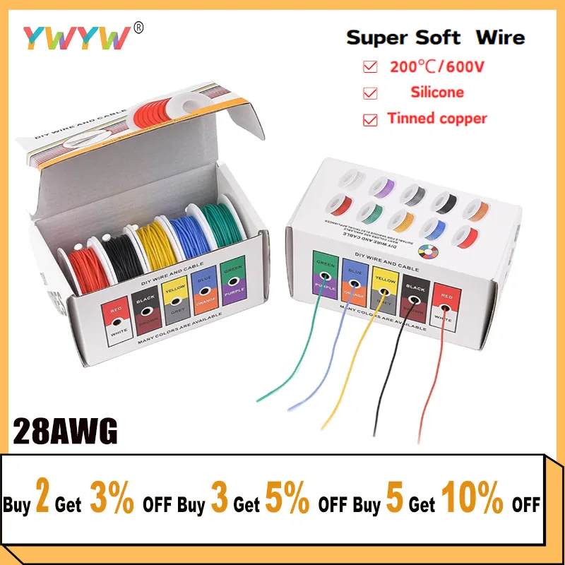 Гибкий силиконовый провод из луженой меди 28 AWG/0 08 мм² 5 цветов 10 8 футов/10 м