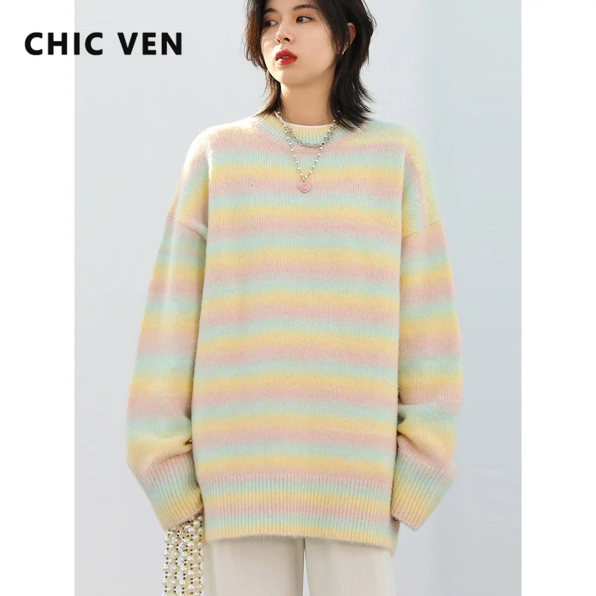 

CHIC VEN Korean Women's Sweater Casual Loose Gradient Stripe Pullover Knitwears Female Jumpers Woman Tops Autumn Winter 2022