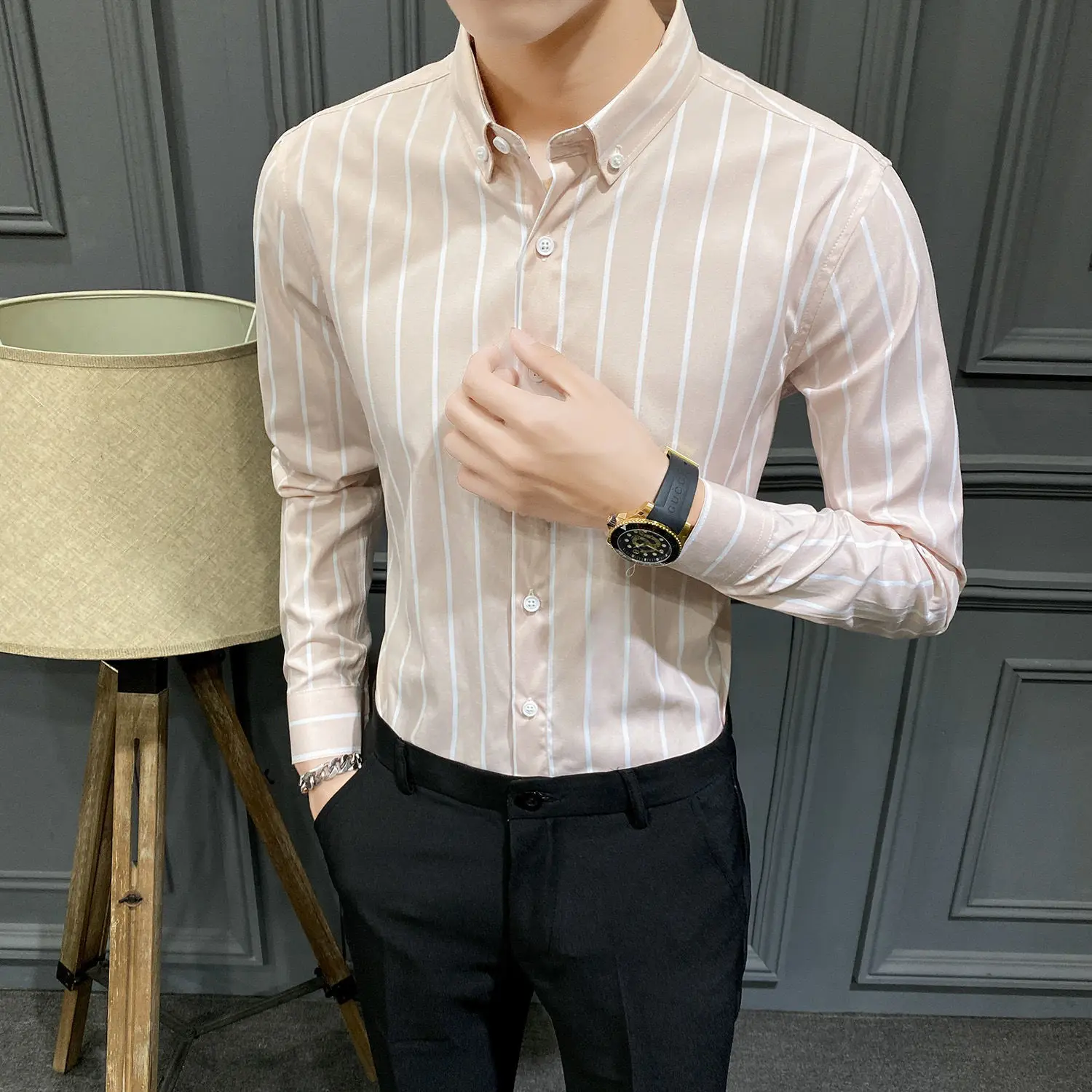 

2023 Spring and Autumn Shirts Men Dress Vertical Stripe Streetwear Slim Men Shirt Casual Long Sleeve Homme Tuxedo Shirt V60