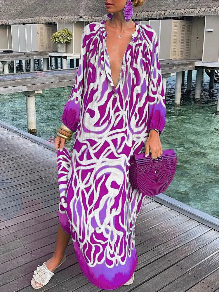 2023 Summer Sexy Deep V-Neck Long Sleeve Long Dresses Female Vintage Maxi Dresses Elegant Robe Women Boho Print Beach Cover Up