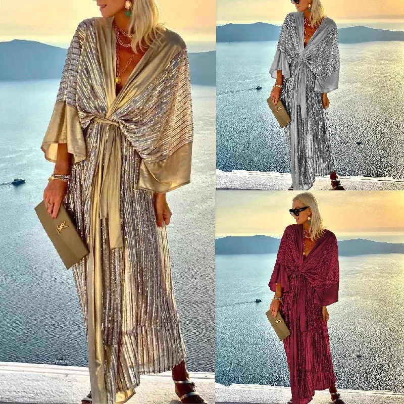 

Doll Sleeve Fashion Ladies Dress 2022 Elegant Sequin Cardigan Party Sequin Dress Sexy Ladies V Neck Fringe Dress Female Bodycon