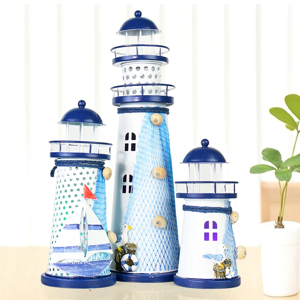 Nautical Ocean Flash Lighthouse Fishing Net Starfish Metal Beacon Tower Ornaments Figurines Crafts Paperweight Home Decor