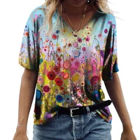 2022 summer womens t shirts vintage floral print t shirts womens casual short sleeve v neck oversized tops womens abstract 3d