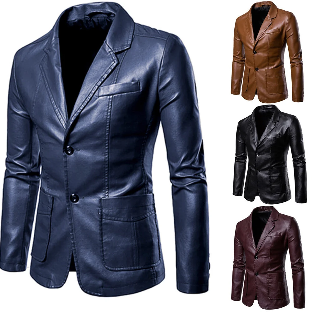 Leather Blazer Man 2022 Spring Autumn Fashion Men's Leather Jacket Dress Suit Coat Male Business Casual Pu Black Blazers Jacket