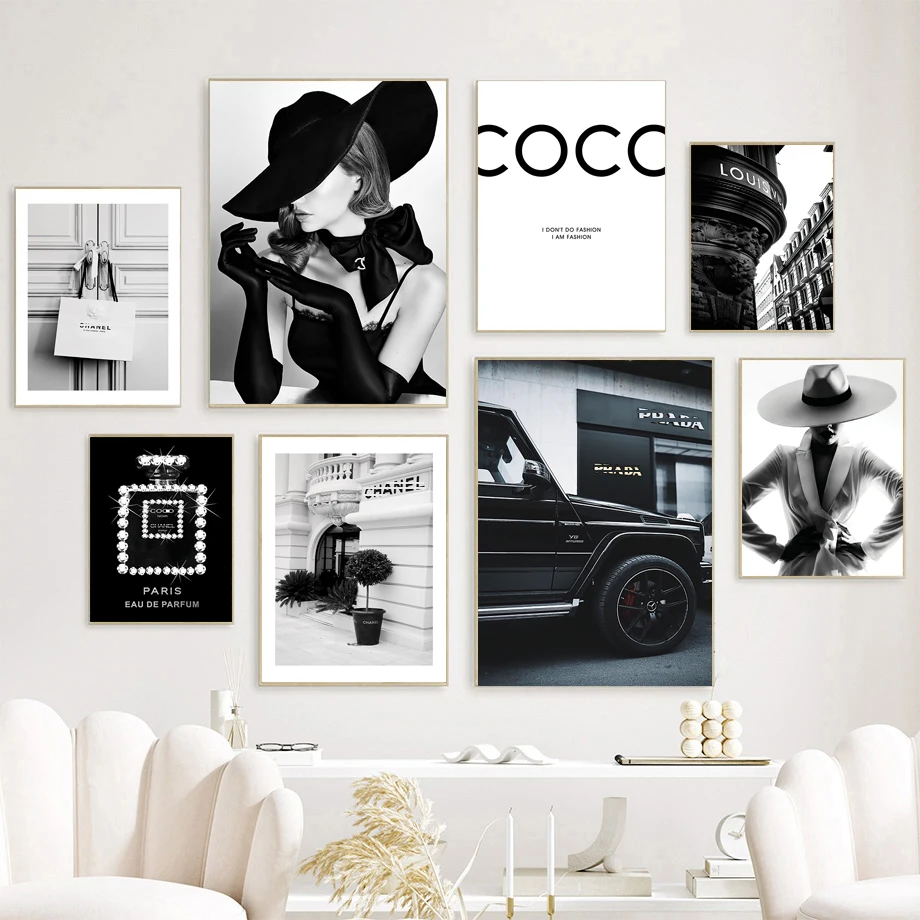 

Современные модные женские парфюмерные плакаты, роскошные черные, белые, парижские уличные суперавтомобили, картины на холсте, настенное искусство, декор для комнаты и дома