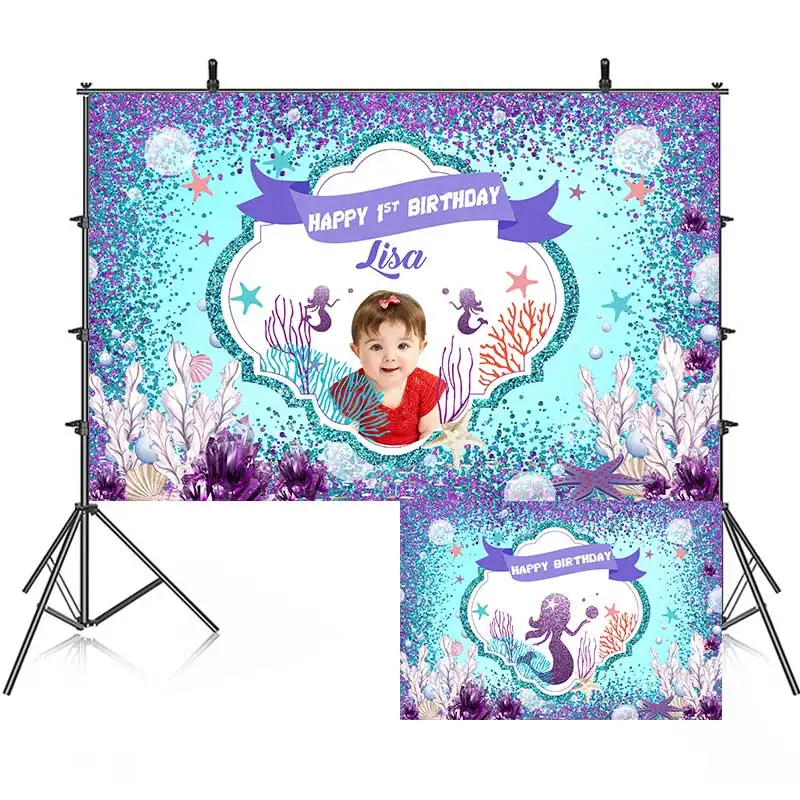 

Mermaid Princess Birthday Party Backdrop Photography Baby Shower For Boys Girls Blue Glitter Background Banner Custom Name Pic