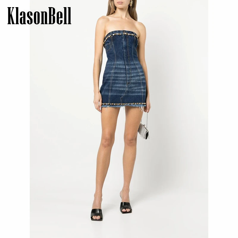 

4.1 KlasonBell Fashion Vintage Diamonds Distressed Tassel Hem Strapless Denim Collect Waist Slim Dress Women