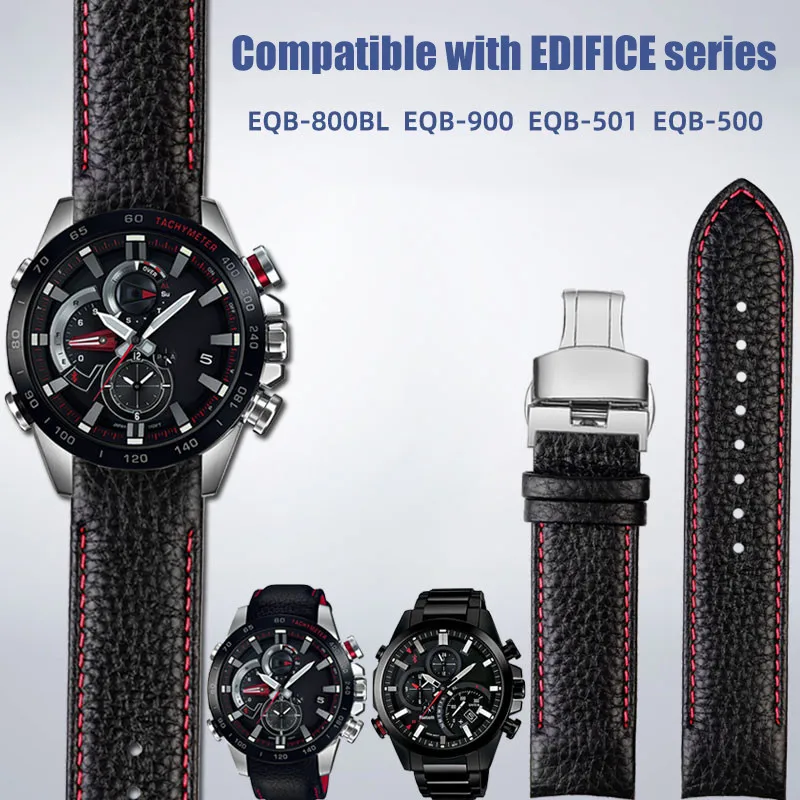 

Genuine Leather Curved End Strap for Casio Edifice EQB-800L/900/500/501 Stainless Steel Butterfly Buckle Men Bracelet Watch Band