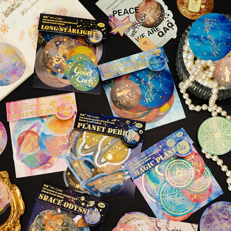 

30pcs PVC Stickers Scrapbooking Label Diary Stationery Phone Art Journal Planner Fantasy Planet Series Decorative Colorful Round