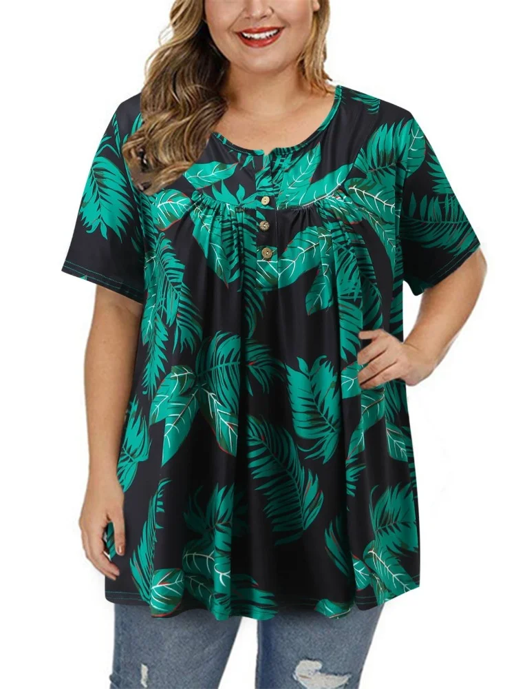 Summer New V-neck Button Large Printed T-shirt plus size women clothing  plus size summer outfits