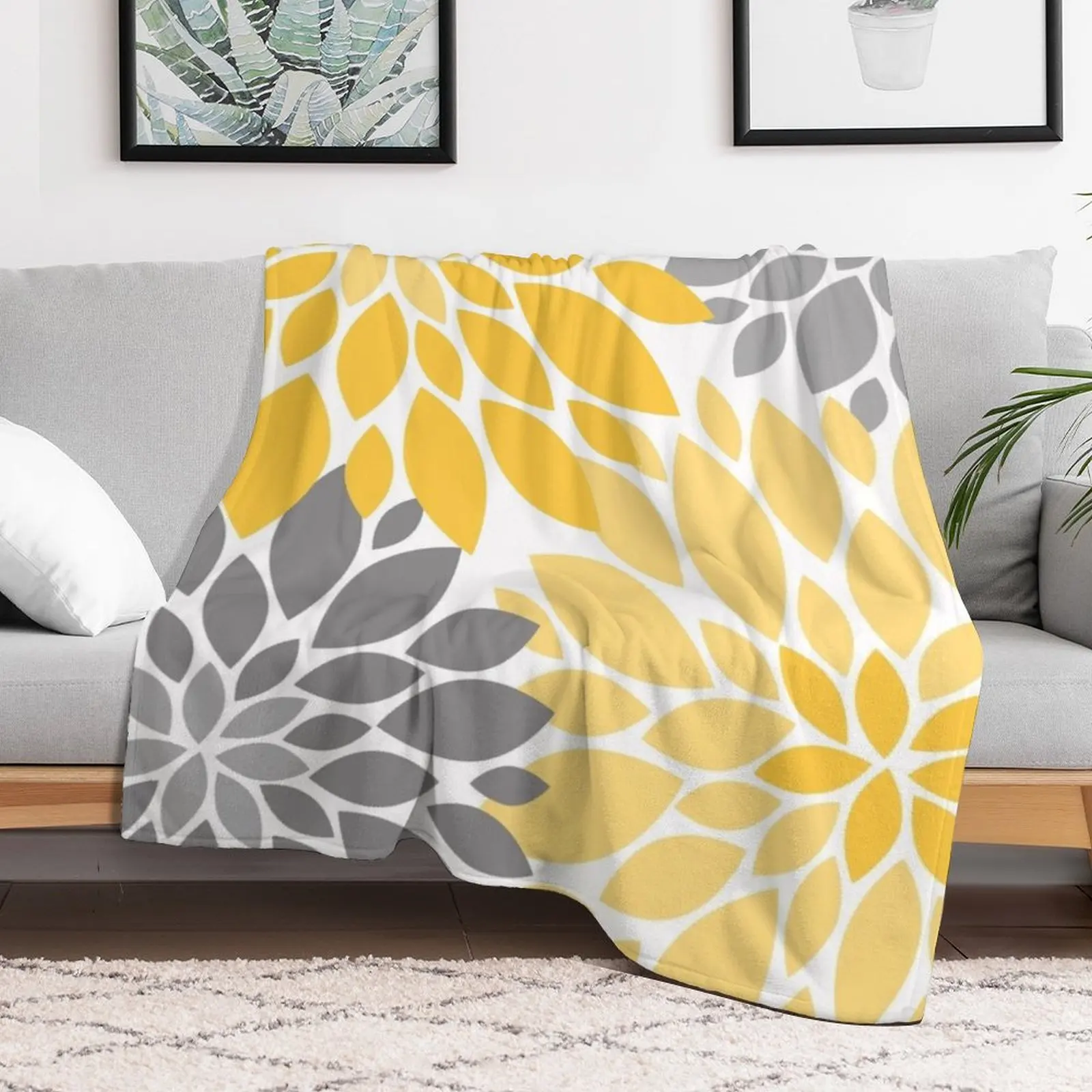 Желтое и серое одеяло с цветочным узором Dahlia декоративные одеяла пледы большие