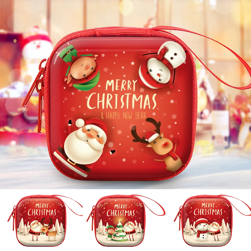 

Christmas Tinplate Coin Purse Square Change Bag Santa Snowman Printed Coin Pocket Earphone Storage Box Child Gifts Decorations