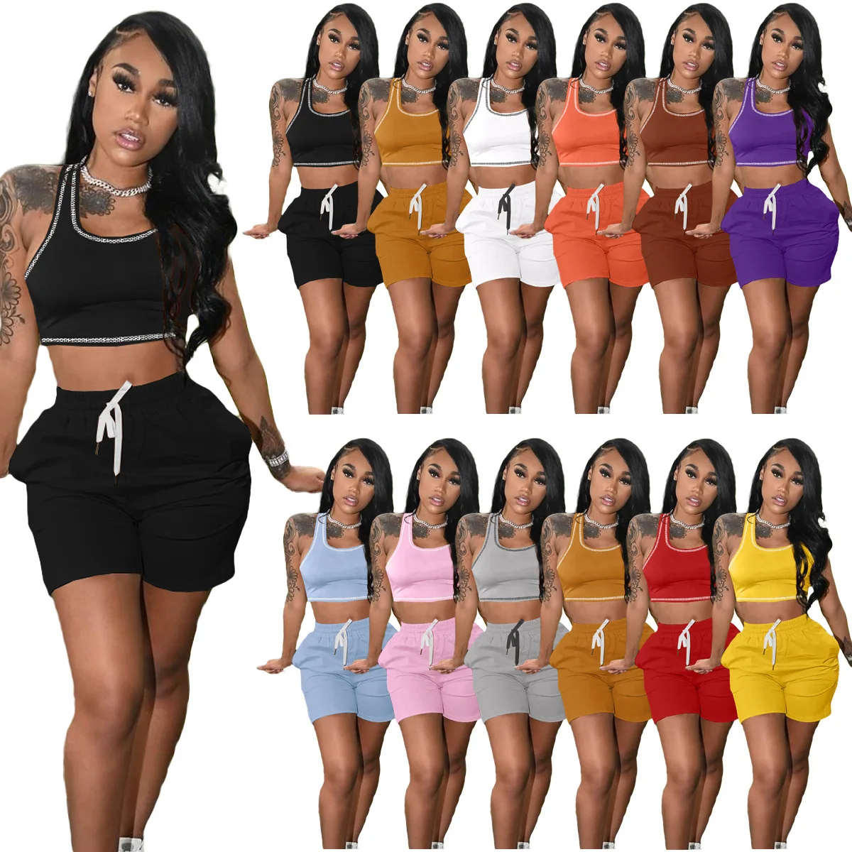Womens Summer Jogging Short Sets Jogger Bodycon Sportswear Crop Top And Shorts Two Piece Set Tracksuit