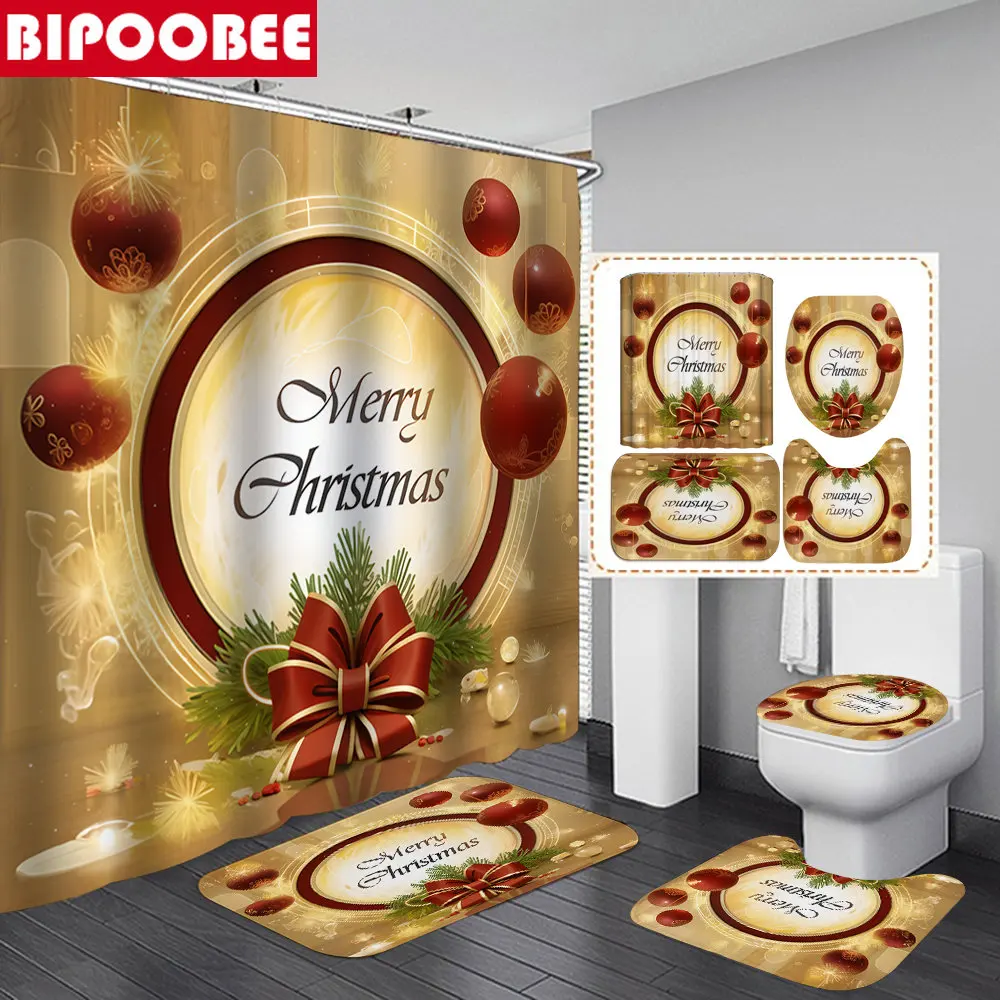 

Merry Christmas Shower Curtains Set Bath Mats Red Bow Bathroom Curtain Golden Anti-slip Carpet Toilet Lid Cover Pedestal Rugs