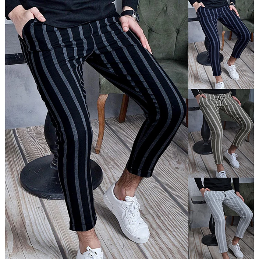 

Men's Fashion Pants Striped Clothing Casual Male Joggers Hip Hop Trousers Spring Beach Elastic Classic Man Streetwear