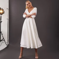 short weding dress white 2022 a line v neck simple wedding dresses midi 34 sleeves tea length modern vestido de noiva curto