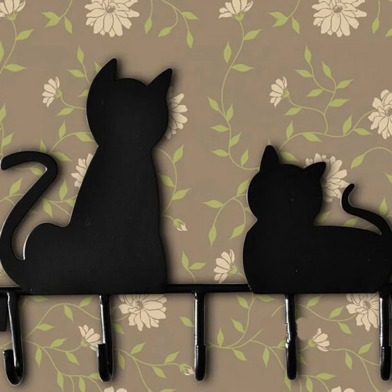 

Fashion Black cat design Metal Iron Wall Door Mounted Rustic Clothes Coat hat key hanging Decorative Wall Hooks Robe Hanger