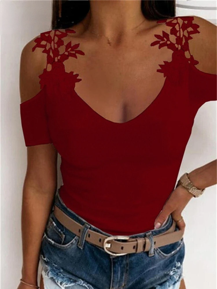 

2022 Summer New Lace Petal Short Sleeve Solid Color Ladies T-shirt Women Oversize Off Shoulder V-neck Slim Casual Tops Tee Tunic