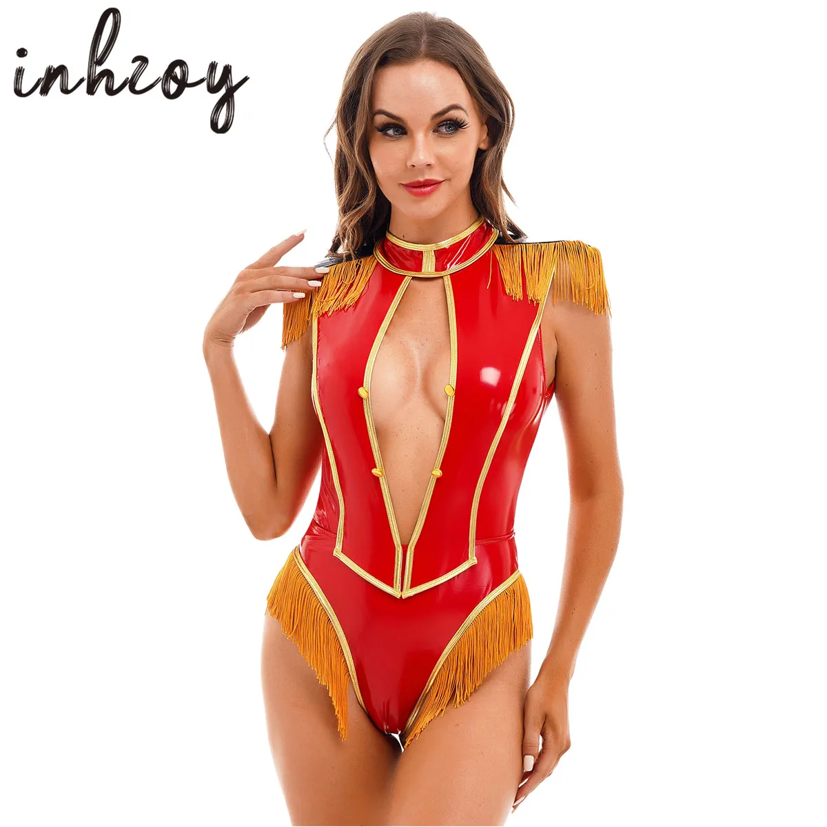 

Women Circus Trainer Bodysuit Jumpsuit Cosplay Costumes Sexy Patent Leather Tassel Halloween Carnival Ringmaster Costumes