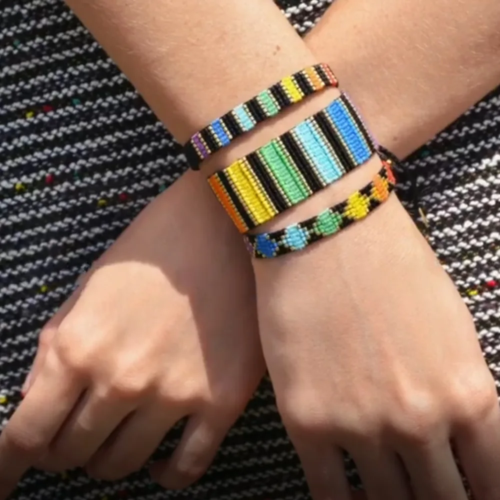 

Simple Bohemian Ethnic Style Miyuki Rice Beads Black and White Geometric Shape Pure Handmade Beaded Colorful Rope Bracelet Women