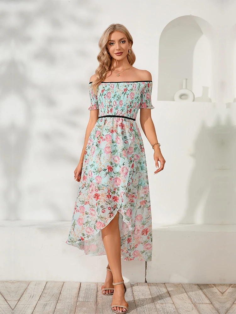 

Женское шифоновое платье-миди с цветочным рисунком и вырезом лодочкой