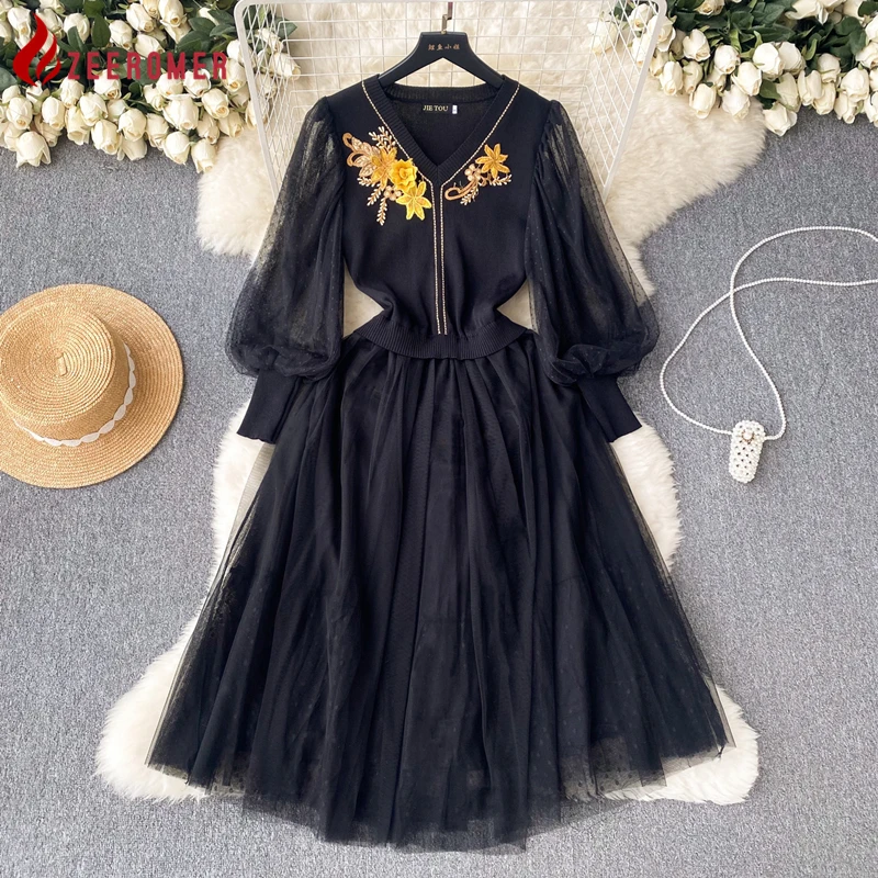 

2023 New High End V-neck Knitting Patchwork Mesh Lantern Sleeve Midi Dress Women Vintage Flower Embroidery Casual Party Dress