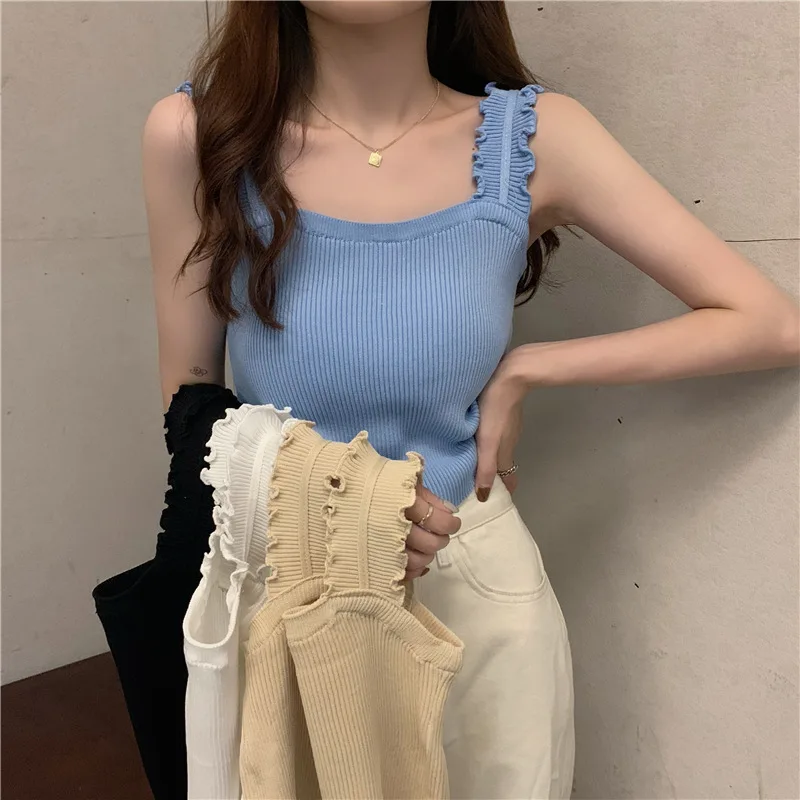 

Майка женская трикотажная с открытой спиной, пикантный топ с оборками, повседневный укороченный жилет без рукавов, лето