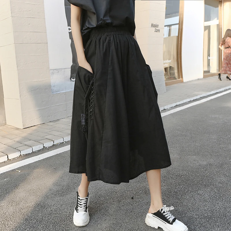 

220323 Women Wide Leg Pants Fashion Solid Color Pocket Goddess Fan Elastic Waist Pleated 2022 Elegant Minority Pants