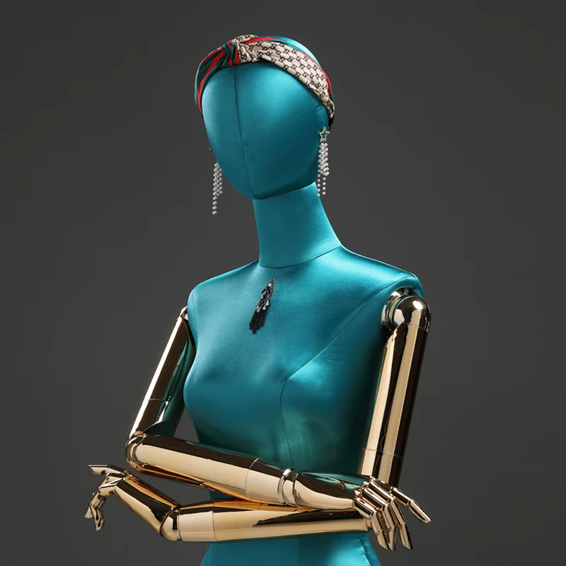 Fabric Cover Female Half Body Mannequin Torso Metal Base with Plated Arm for Wedding Clothing Display Adjustable Rack