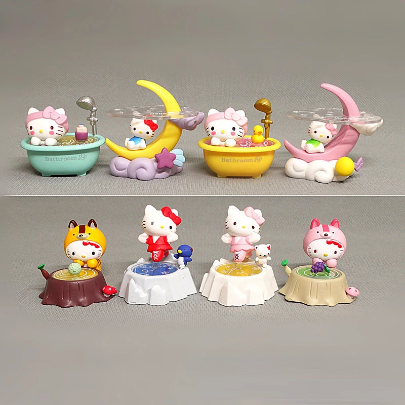 

8 Assembled Dolls Hello Kitty Moon Forest Kt Cat Skating Cute Duck Bathtub Scene Figure Doll Ornaments Model Toy Gift