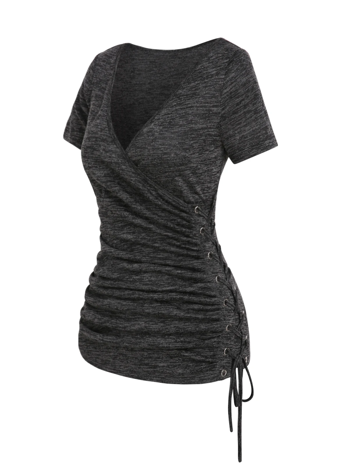 

Solid Space Dye Lace Up Surplice Casual T Shirt SummerSurplice Basic T-Shirts