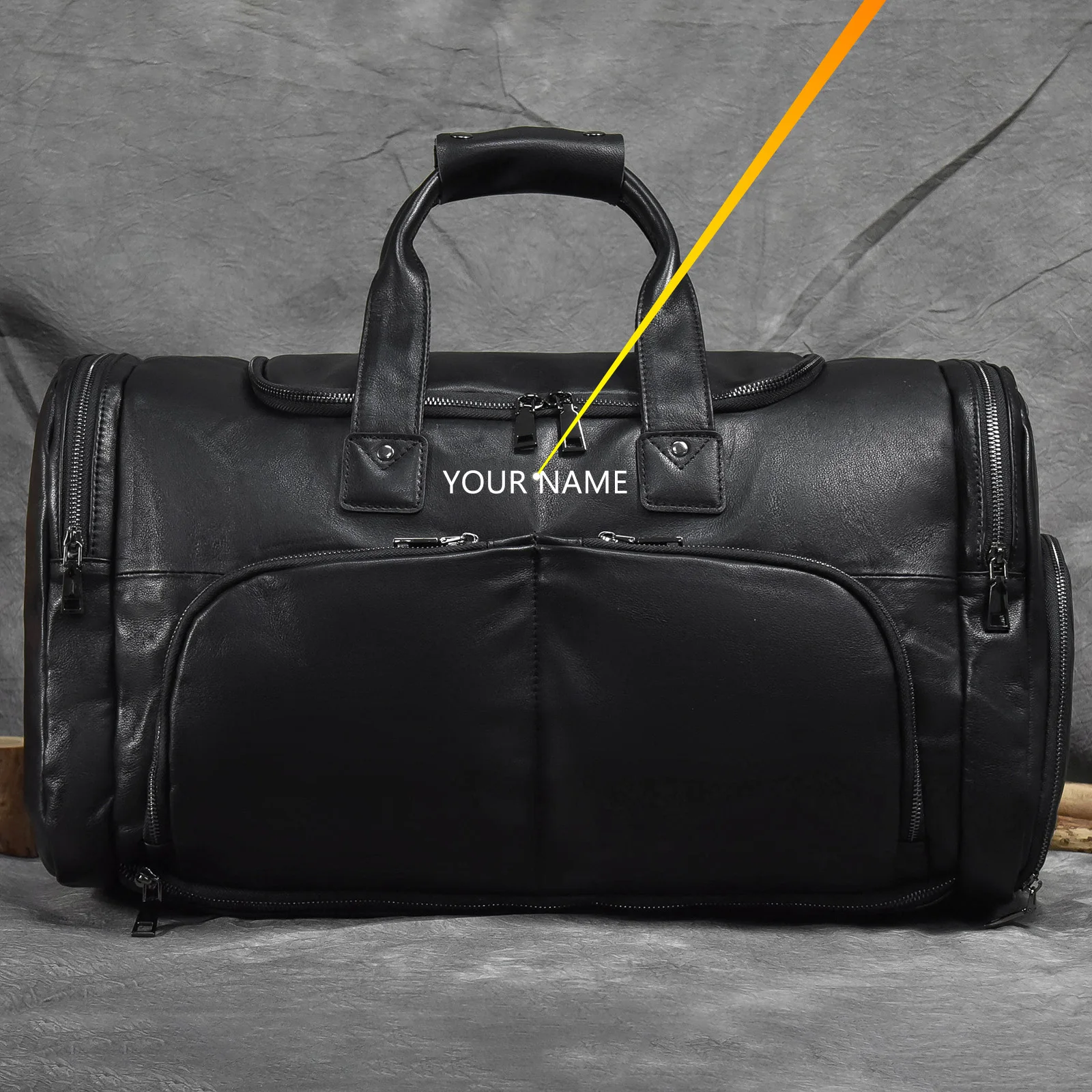 Men Genuine Leather Travel Bag Black Nappa Leather Luggage Bag Laser Engraving Personlize Business Gym Tote With Shoes Pocket