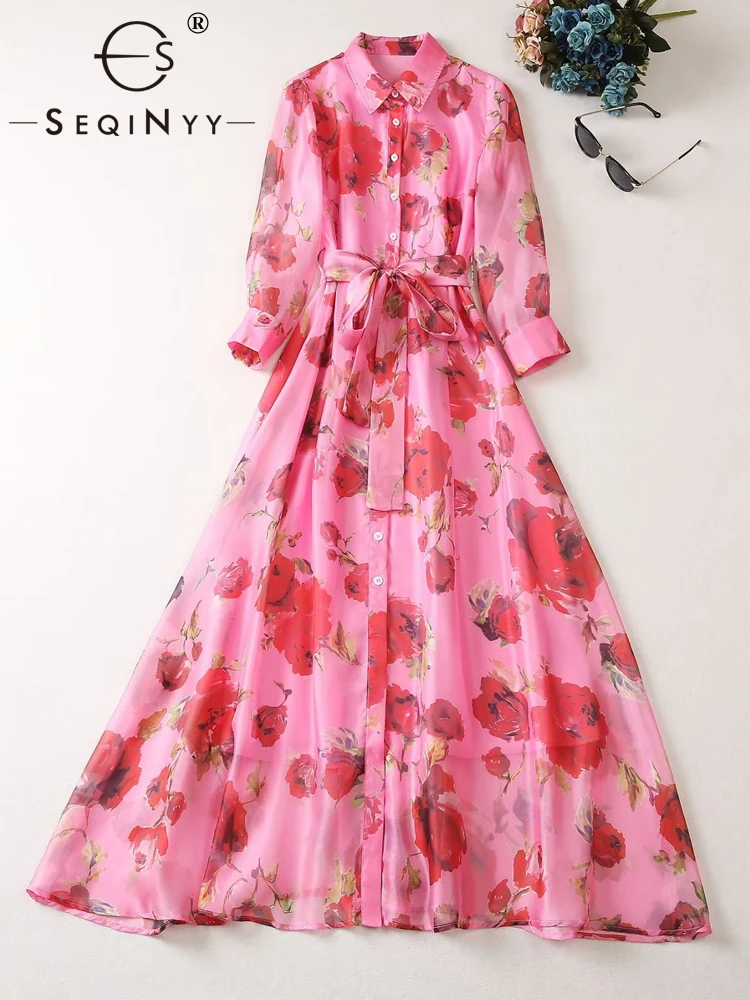 SEQINYY Pink Dress Summer Spring New Fashion Design Women Runway High Street Vintage Flowers Print Belt Midi A-Line Casual