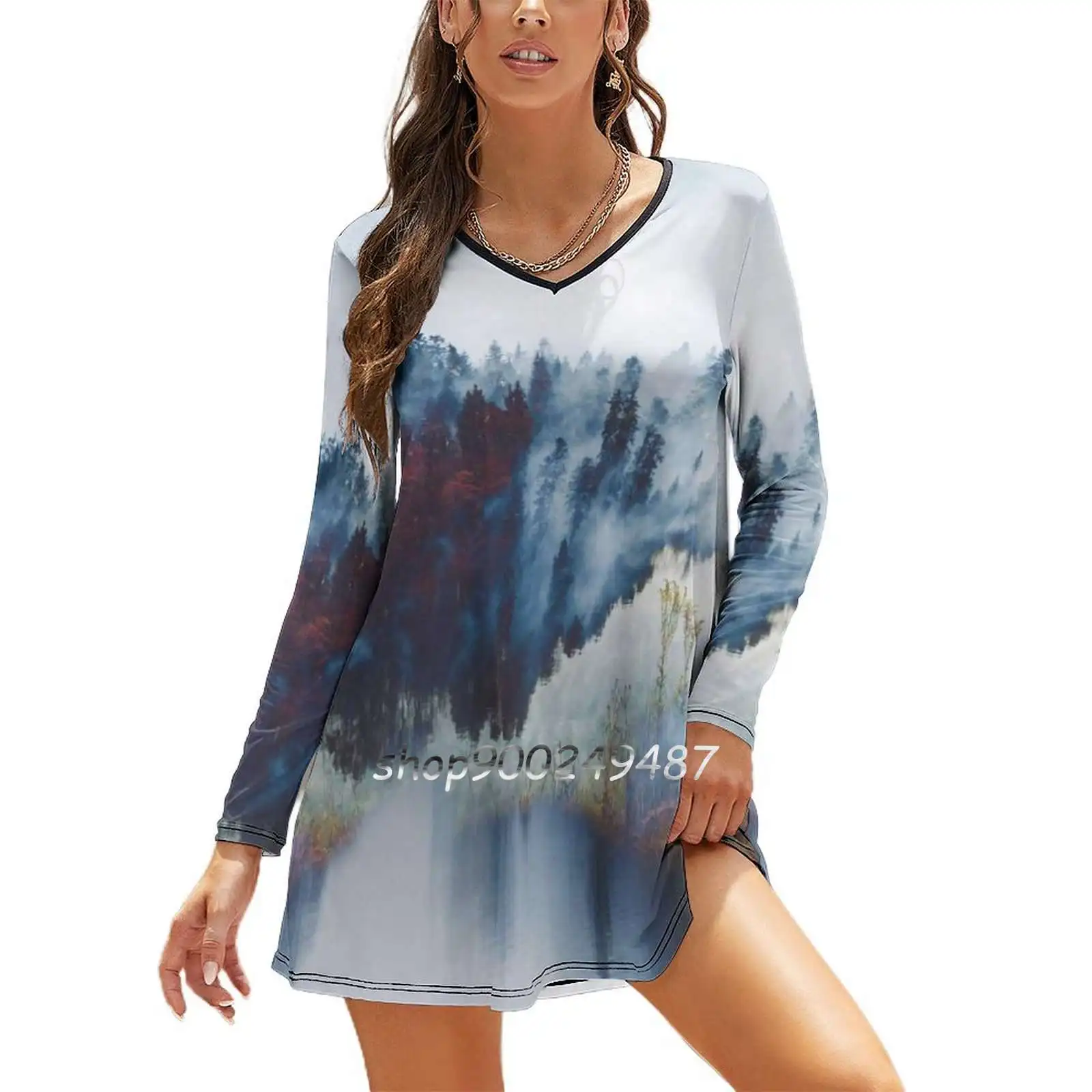 Fog Flare Dress Square Neck Elegant Female Fashion Printed Landscape Foggy Lake Clear Snow Tree Woods Forest