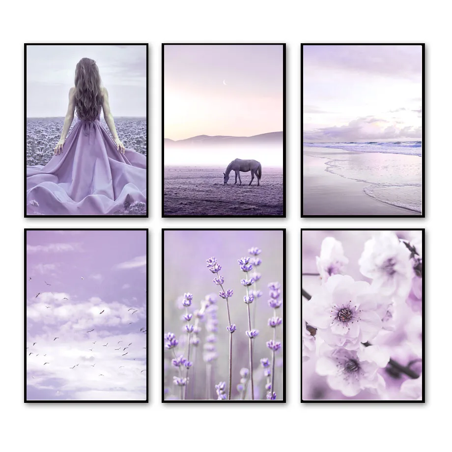 Фиолетовая лаванда цветок океан женщина лошадь цитаты настенное искусство холст