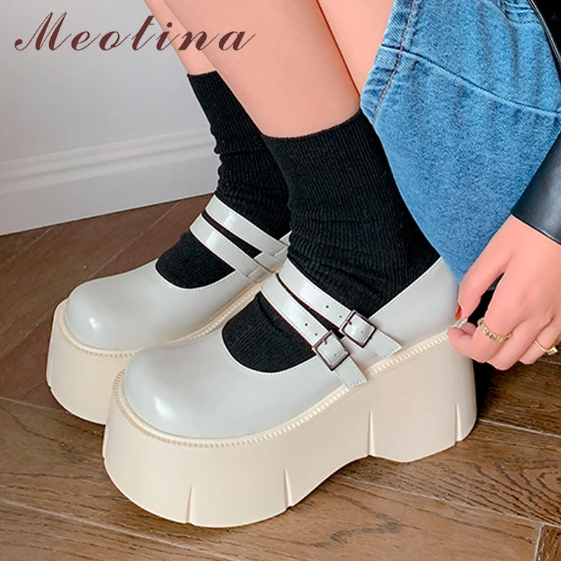 

Meotina Women Genuine Leather Mary Janes Round Toe Platform Chunky High Heels Ladies Fashion Buckle Pumps Autumn Spring Shoes