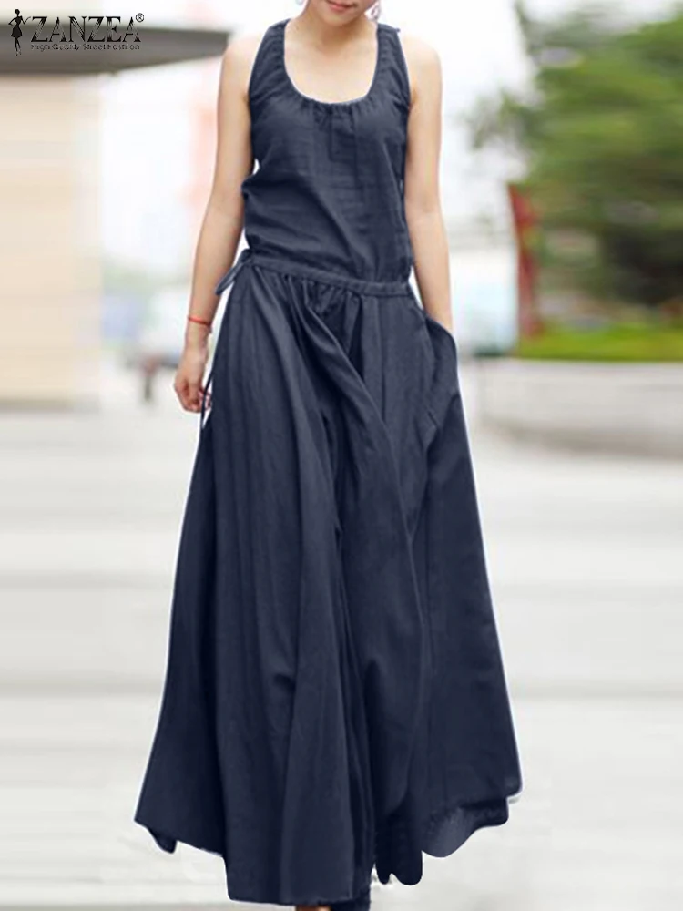 

ZANZEA Women Summer Fashion Holiday Dress Sleeveless Overall Sundress Femme Party Casual Vestidos Drawstring Waist Robe Dresses