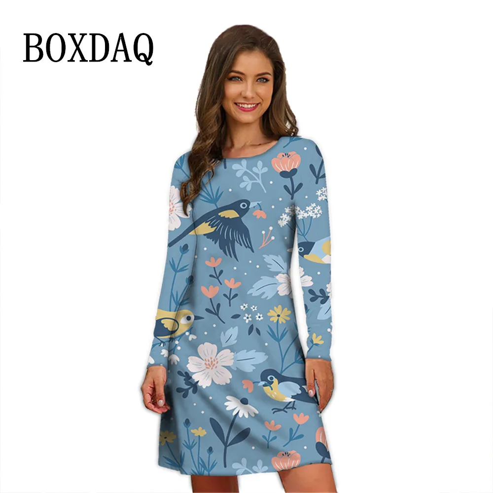 

Женское винтажное платье-трапеция с цветочным принтом, круглым вырезом и длинным рукавом