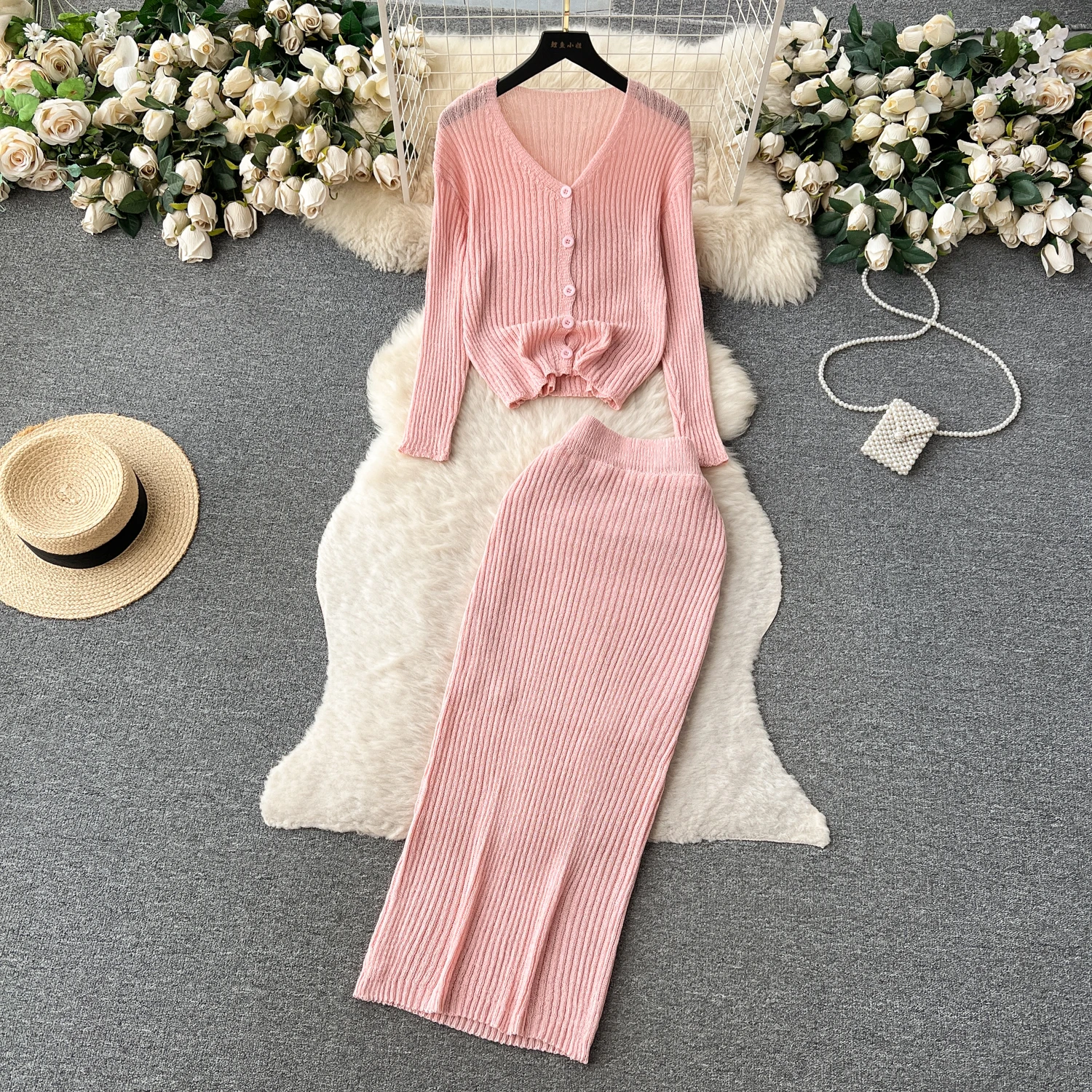 

Women Vintage Knit Two Pieces Skirt Sets Women Long Sleeve V Neck Single Breasted Cardigan and High Waist Tight Hip Wrap Skirt