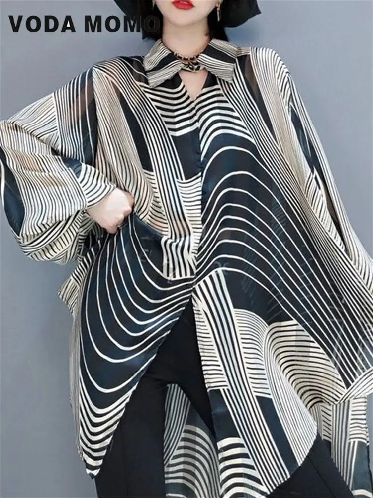 

Summer Womens New Korean Style Holiday Style Casual Comfortable Batwing Sleeve Casual Shirts Striped Chiffon Sunscreen Loose Top