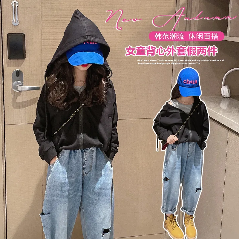 

Girls' sweatershirt 2022 autumn children's foreign style long-sleeved hooded children's clothing fake long tops