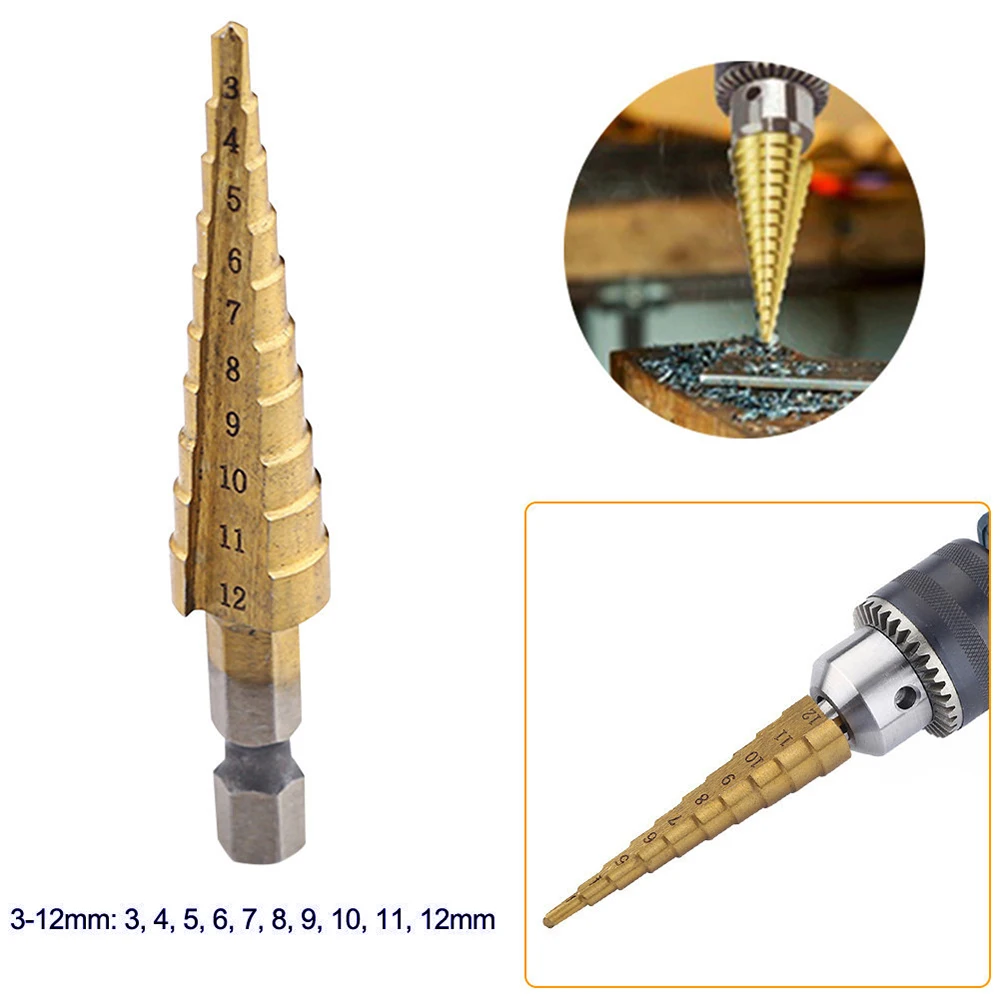 

Metal Drill HSS Hex Shank Straight Groove 3-12MM Small Size Step Drill Bit Cone Cone Titanium Coated Woodworking Power Tools