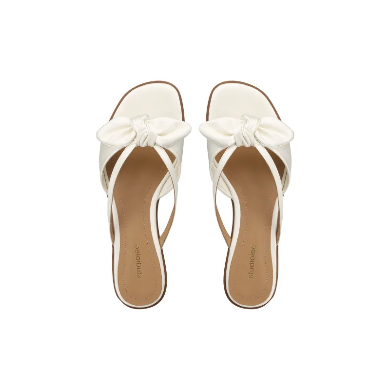 

Fairy Wind Bow Silk Square Head Flat Sandals Women's Summer New Slides Flat Sandals