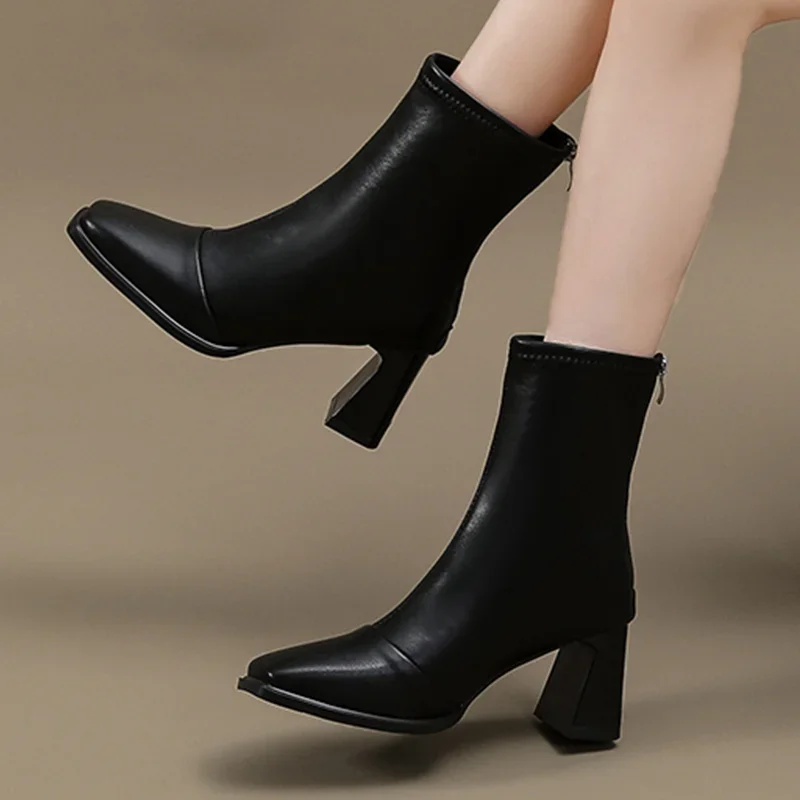 High Heels Ankle Women Boots Square Toe Chunky Shoes Chelsea 2025 Goth Winter Pumps Fashion Retro Botas Mujer