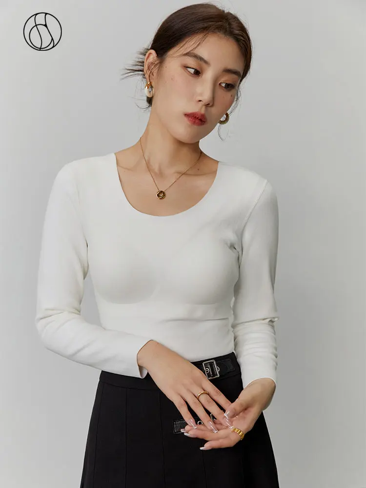 

DUSHU женские тонкие пуловеры, дизайнерский однотонный свитшот с нагрудными подушечками, топ, Зимний новый универсальный теплый пуловер с круглым вырезом